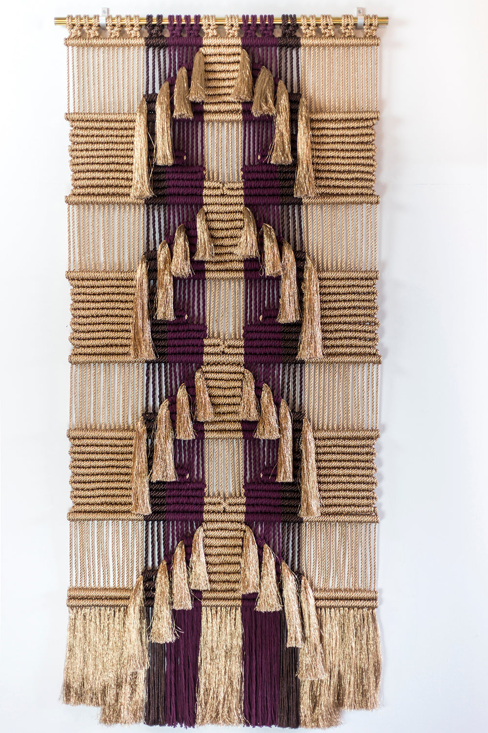Ancestral wall hanging by Milla Novo in bronze gold and brown metallic rope with burgundy cotton, 100 x 200 cm, photo 1 of 3