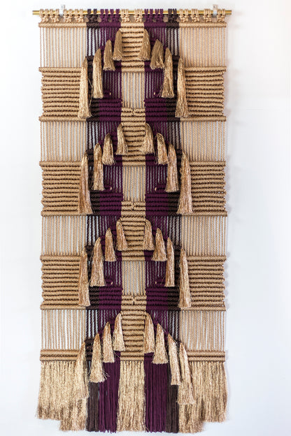 Ancestral wall hanging by Milla Novo in bronze gold and brown metallic rope with burgundy cotton, 100 x 200 cm, photo 1 of 3