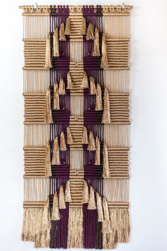 Ancestral wall hanging by Milla Novo in bronze gold and brown metallic rope with burgundy cotton, 100 x 200 cm, photo 1 of 3