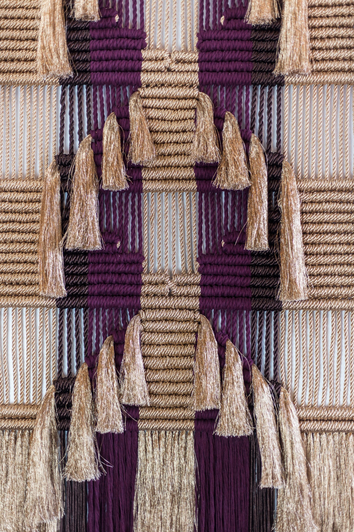 Ancestral wall hanging by Milla Novo in bronze gold and brown metallic rope with burgundy cotton, 100 x 200 cm, photo 3 of 3