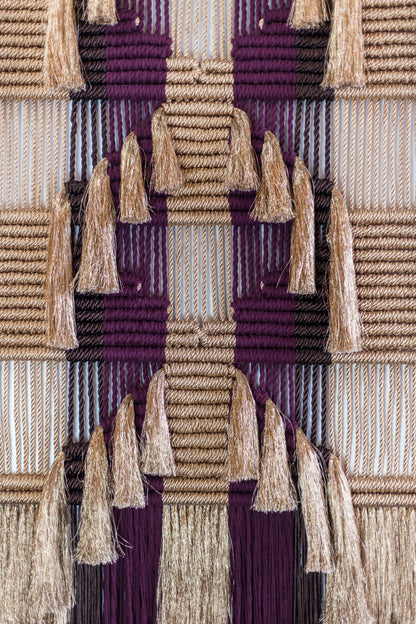 Ancestral wall hanging by Milla Novo in bronze gold and brown metallic rope with burgundy cotton, 100 x 200 cm, photo 3 of 3