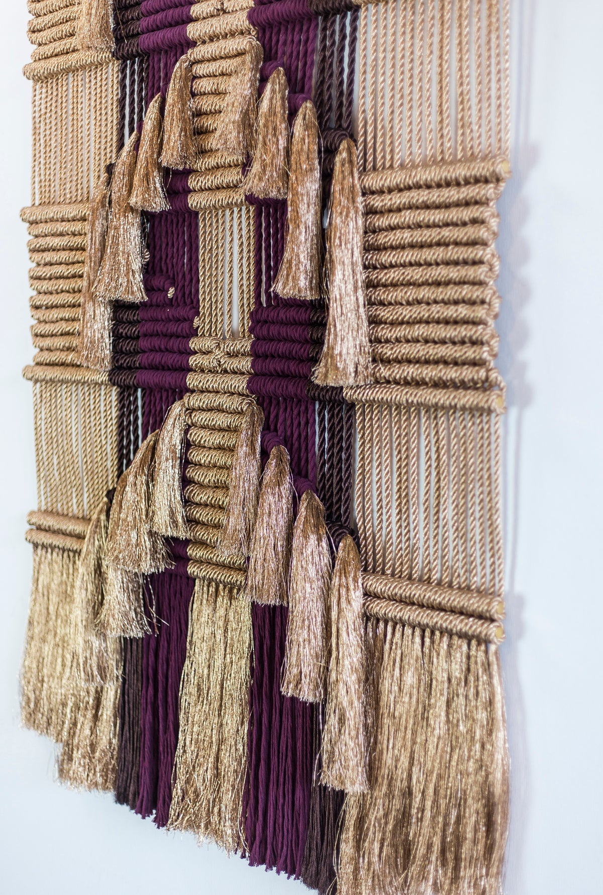 Ancestral wall hanging by Milla Novo in bronze gold and brown metallic rope with burgundy cotton, 100 x 200 cm, photo 2 of 3