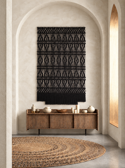 Black Cotton Macramé Wall Hanging, 180 × 275 cm