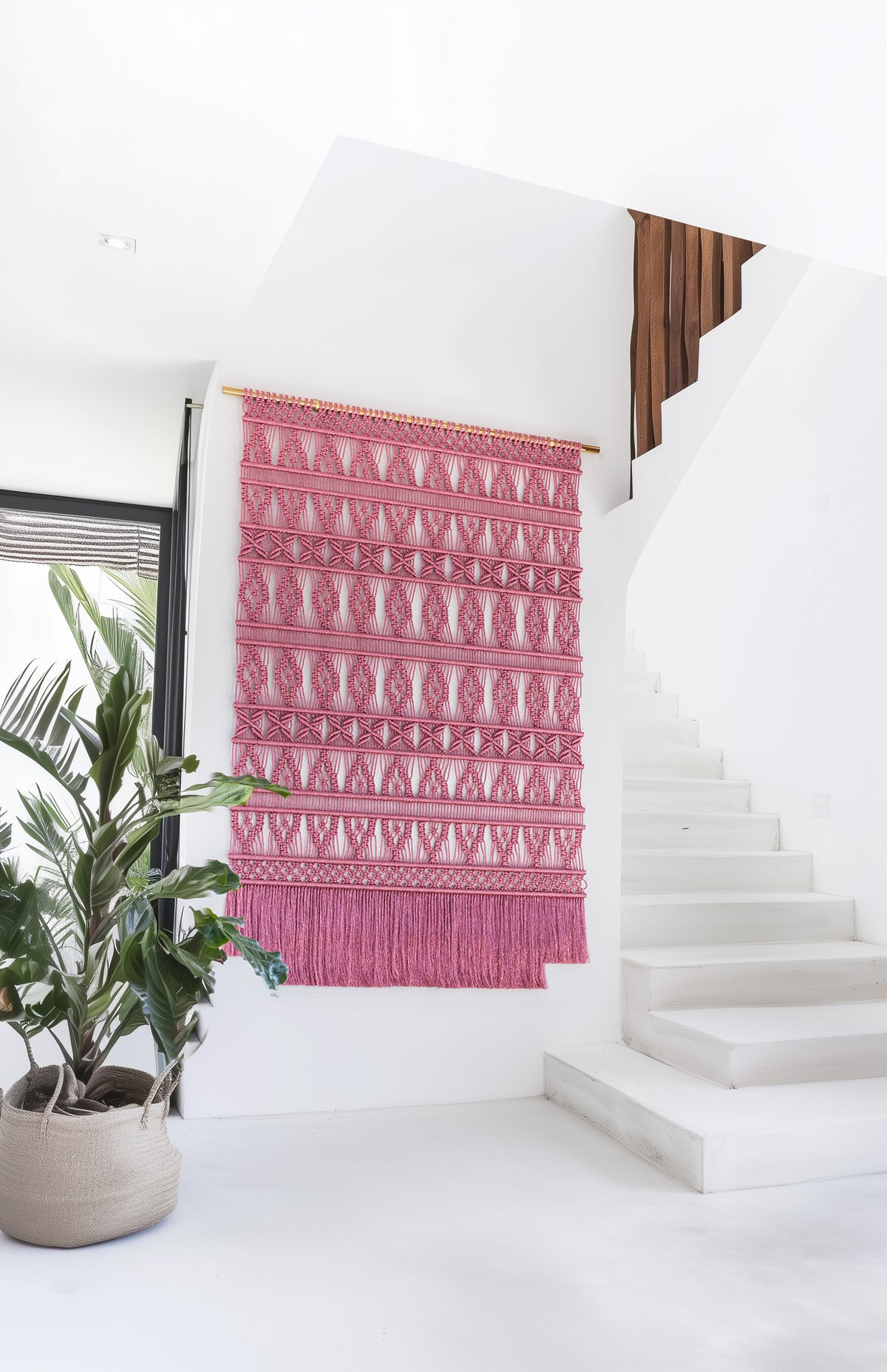 Pink metallic macramé wall hanging by Milla Novo, 180 x 275 cm