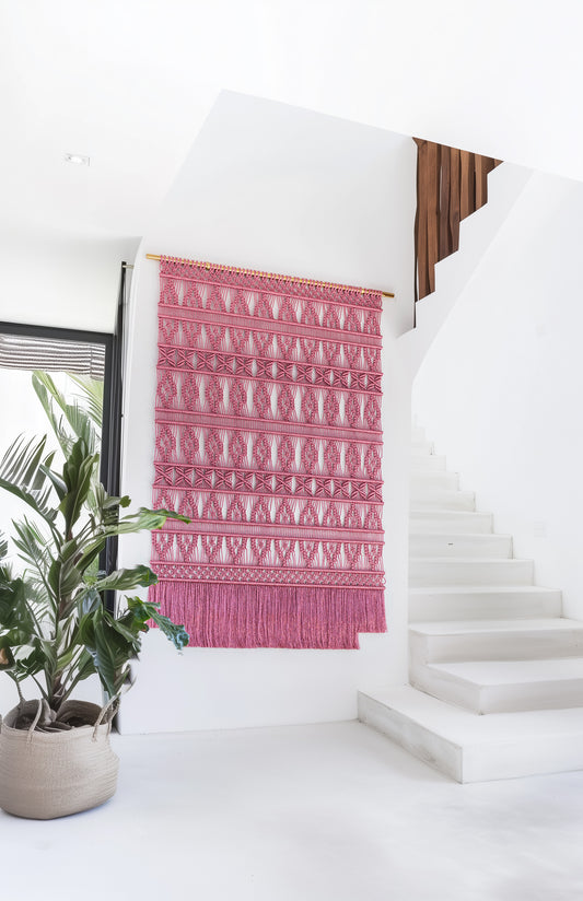 Pink metallic macramé wall hanging by Milla Novo, 180 x 275 cm