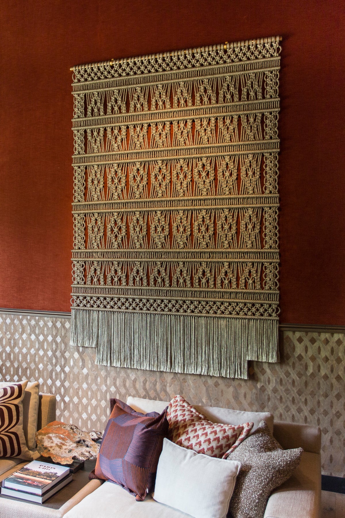 Gold metallic macramé wall hanging by Milla Novo, 180 x 258 cm, photo 3 of 4