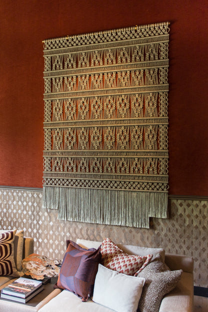 Gold metallic macramé wall hanging by Milla Novo, 180 x 258 cm, photo 3 of 4