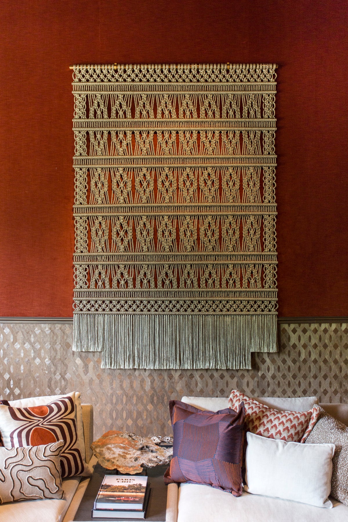 Gold metallic macramé wall hanging by Milla Novo, 180 x 258 cm, photo 4 of 4